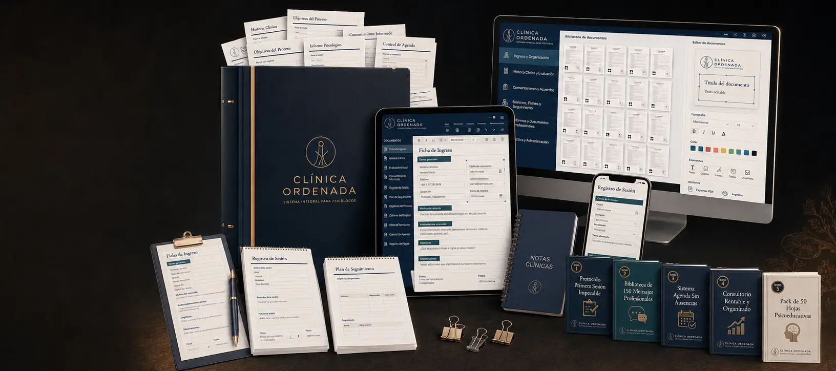 Sistema Clínica Ordenada con documentos profesionales en PDF, dispositivos y cinco bonos