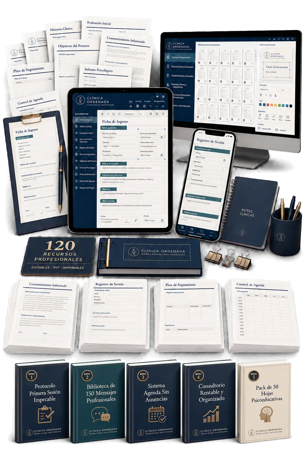 Sistema Clínica Ordenada com documentos profissionais em PDF e cinco bônus